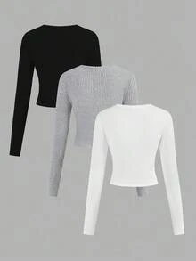 3pcs/Set Teen Girl Ribbed V-Neck Long Sleeve Elastic Fitted Soft T-Shirt - Multicolor - View 2