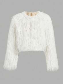 FeverCity 男士休闲纯色仿皮草短款夹克，秋冬 - 米色 - 查看 1