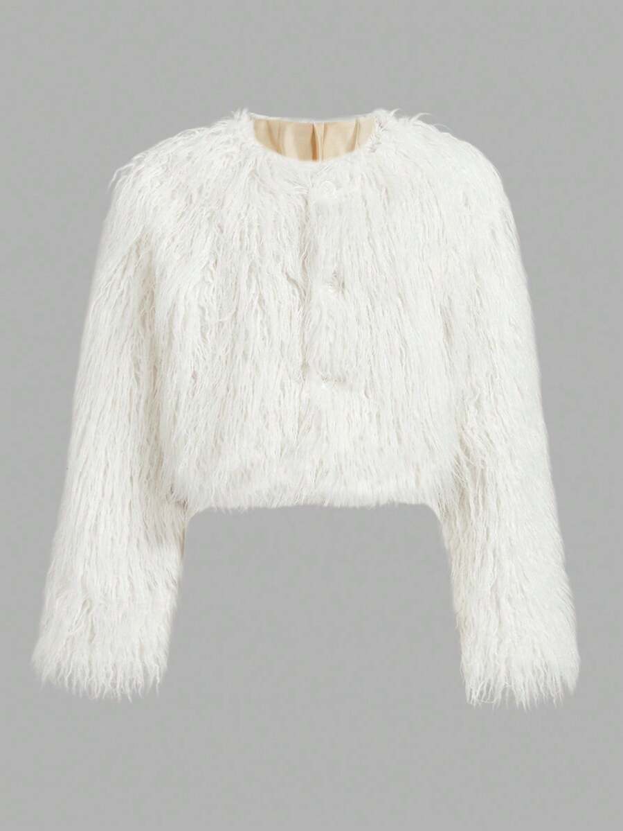 FeverCity 男士休闲纯色仿皮草短款夹克，秋冬 - 米色 - 查看 1