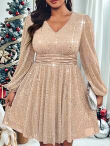 Roveilla 大码时尚亮片灯笼袖派对连衣裙 - 香檳色 - 查看 6