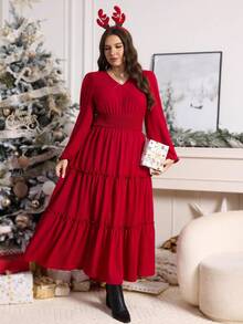 SHEIN LUNE Váy maxi họa tiết hoa xanh lá cây cỡ lớn cho nữ dịp Giáng sinh, mùa xuân, trang phục giáo viên cho phụ nữ, váy lễ Phục sinh cho phụ nữ mùa hè phong cách Boho cổ điển cỡ lớn thời trang mới màu đỏ thuần khiết cổ chữ V, thích hợp cho tiệc tốt nghiệp, kỳ nghỉ và hẹn hò, váy dự tiệc cao cấp thanh lịch cỡ lớn cho phụ nữ cỡ lớn tay dài eo, váy thanh lịch cho mùa thu và mùa đông, váy đỏ cỡ lớn - Màu Đỏ Sâu - Xem 6