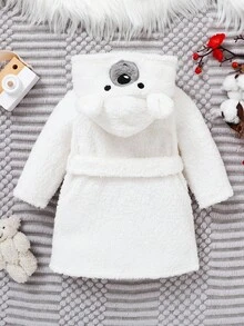 SHEIN 新生儿可爱熊刺绣 3D 耳朵加厚连帽腰袍 - 白色 - 查看 7