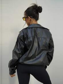 SAYEHFBABY Drop Shoulder Zip Up Black PU Jacket In Fall/Winter - Black - View 2