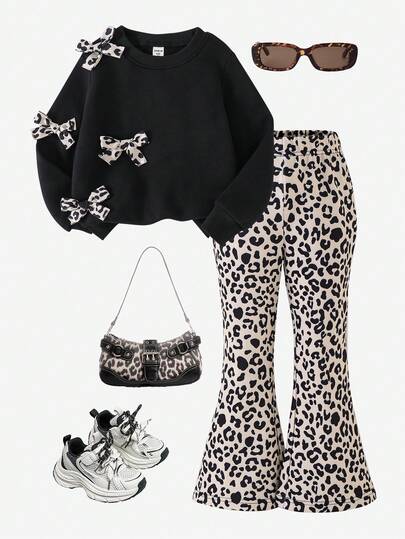 SHEIN ChillGRL 2 件女童纯色蝴蝶结运动衫和喇叭裤套装，可爱甜美的秋季户外、休闲、度假装