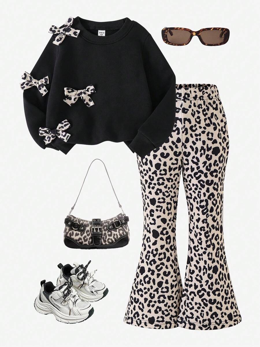 SHEIN ChillGRL 2 件女童纯色蝴蝶结运动衫和喇叭裤套装，可爱甜美的秋季户外、休闲、度假装 - 黑色 - 查看 1