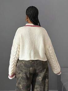Maweii Sweater Wanita Ukuran Besar Lengan Panjang Leher V Warna Kontras Longgar dan Kasual untuk Musim Dingin dan Gugur - MultiWarna - View 2
