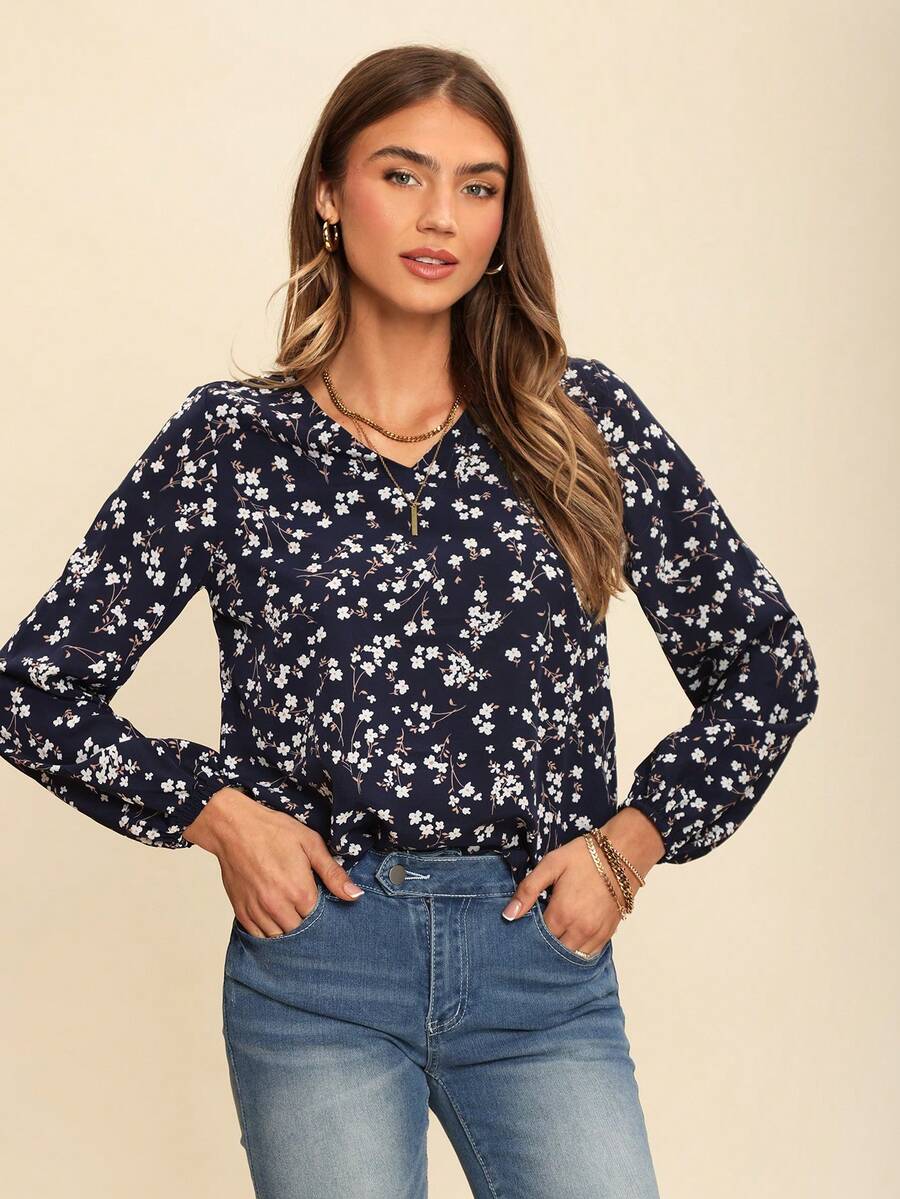 Coeurva Ditsy Floral Print Lantern Sleeve Blouse - Multicolor - View 1