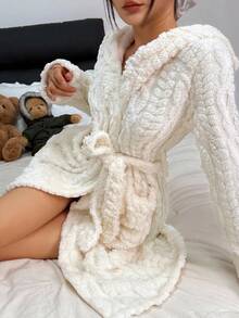 Snug Zone Women's Cozy Jacquard Wheat 3D Ear Hooded Bathrobe With Tie Waist , Fluffy, Winter - White - View 5