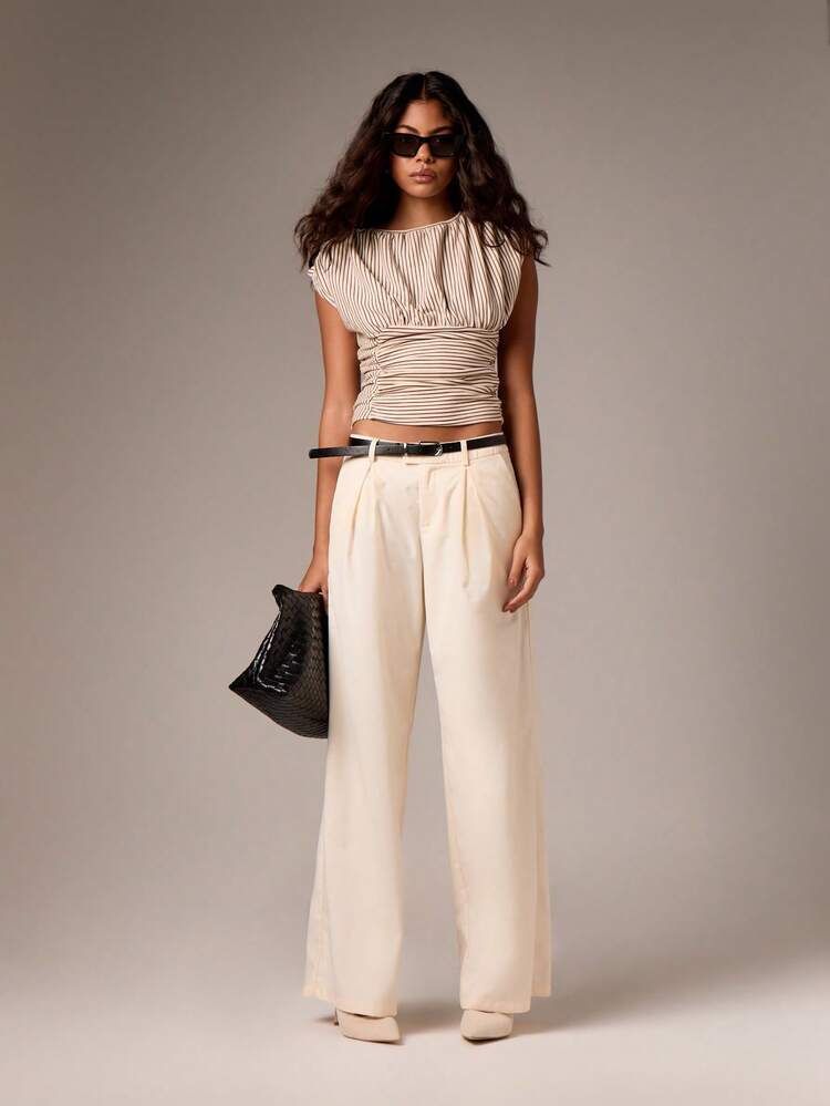 Striped Gathered Asymmetric Sleeveless Top With Ruched Detail