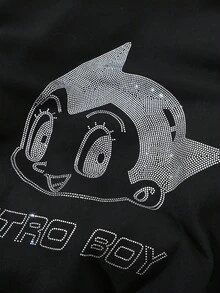 ROMWE MEN Astro Boy X ROMWE Men's Letter Rhinestone Decor Hooded Zipper Long Sleeve Sweatshirt, Suitable For Everyday Wear, Autumn/Winter - Black - View 8