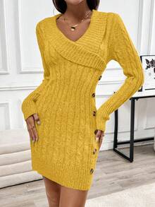 EMERY ROSE Collared Knit Long Sleeve Comfortable Sweater Dress - Pale Yellow - View 4
