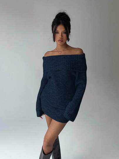 Aloruh Grey Off Shoulder Turtleneck Long Sleeve Mini Dress, Loose Top Tight Bottom, Suitable For Young Ladies, Autumn/Winter