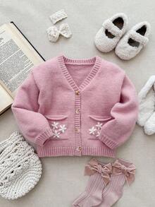 Blossori Young Girls' French Elegant Floral Embroidered Pocket Front Button Knit Cardigan - Pink - View 5