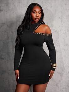 SHEIN SXY Plus Size Women's Long Sleeve Left Shoulder Hollow Out Eyelet Decor Bodycon Long Dress, Autumn/Winter Bodycon Plus Size Dress One Shoulder Dress Curve