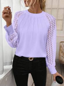 EMERY ROSE Women's Solid Color Casual Loose Fit Round Neck Long Sleeve Shirt - Lilac Purple - View 6