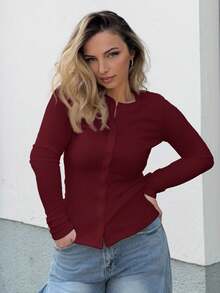 Jeta Ari Ribbed Button Through Long Sleeve Crew Neck Top Casual Vacation Airport Holiday - Burgundy - View 7