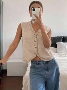 Siren Gaze 女士纯色单排扣 V 领休闲针织背心