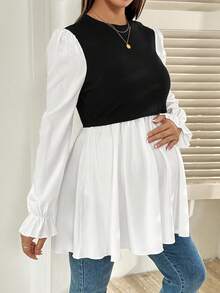 SHEIN Maternity Casual Color Block Patchwork Nursing Top, Autumn Fall - Black and White - View 7