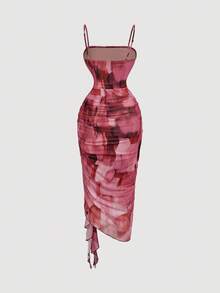 SHEIN MOD Váy nữ viền bèo nhún họa tiết chuyển màu hồng, váy viền bất đối xứng, váy hai dây màu xanh, trang phục ngày lễ tình nhân, trang phục mùa xuân cho nữ, trang phục tiệc độc thân - Nhiều màu - Xem 2