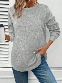 SHEIN LUNE 女士圆领基本款不对称下摆保暖内衬休闲舒适卫衣，秋冬女装，灰色上衣，秋季，女士秋装，休闲 - 灰色 - 查看 6