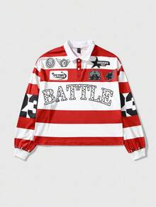 ROMWE MEN Men Half-Zip Casual Preppy Long Sleeve Versatile Digital Striped Sports T-Shirt, Fall