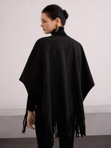 Heiryn Women's Elegant Minimalist Fringe Hem Lapel Poncho Coat, Autumn/Winter - Dark Grey - View 3