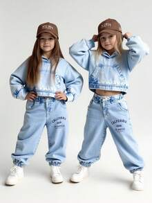 Sparklyn Young Girl Denim Set, Casual Personalized Fashion Denim Hooded Sweatshirt + Loose Pocket Cargo Pants With Belt, Cool Stylish 2-Piece Outfit, Blue, Suitable For Daily, Casual, Holiday Fall Winter - Blue - View 1