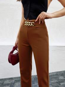 RueChic Chain Detail Tapered Suit Pants - Camel - View 5