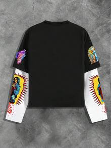 ROMWE MEN Street Life Men's Casual Religious Character Long Sleeve 2 In 1 T-Shirt, Fall - Black - View 2