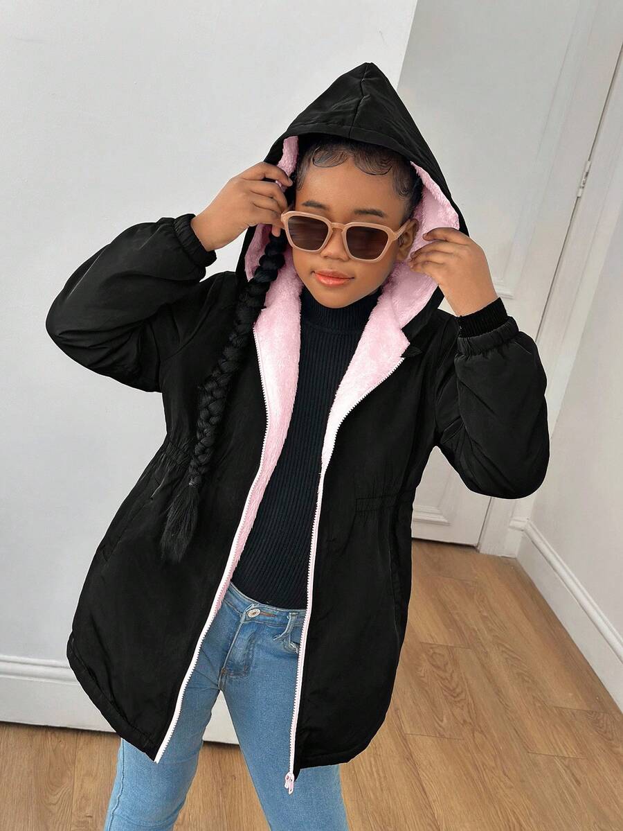 SHEIN Chaqueta cortavientos con capucha informal para niñas preadolescentes, ropa de abrigo forrada térmicamente de longitud media, para otoño/invierno - Multicolor - Ver 1