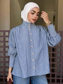 DAZY 女士优雅条纹立领灯笼袖衬衫，秋季长袖上衣，端庄时尚 - 藍色 - 查看 3