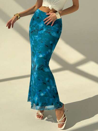 Aloruh 女式复古蓝色水彩花卉扎染网眼印花 A 字长裙，秋冬