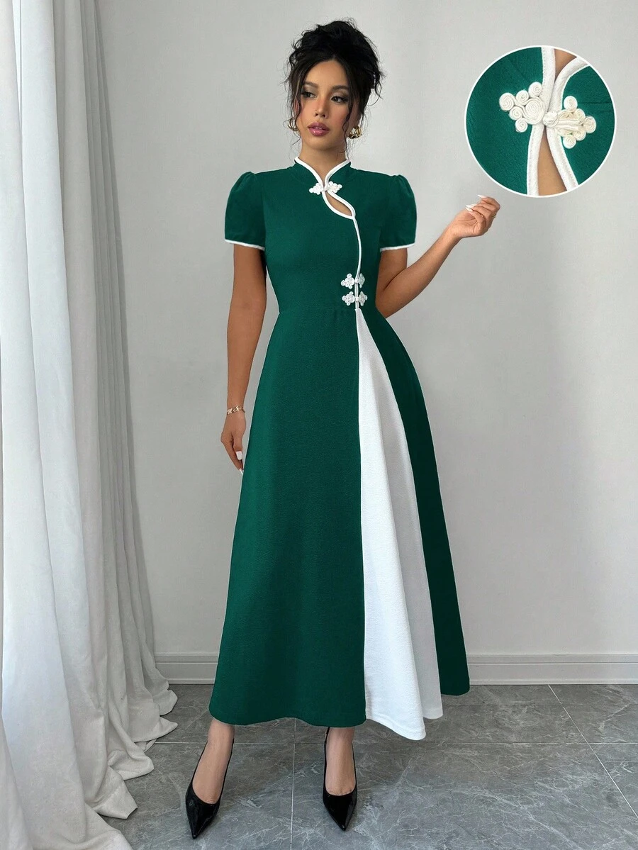 Rafferiza Women's Contrast Color Button Design Puff Sleeve Elegant Dress - Dark Green - View 1