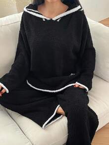 DAZY 2件套女士雪花印花宽松连帽长袖针织上衣和裤子家居服套装，秋冬季休闲舒适睡衣保暖内衬服装 - 黑色 - 查看 5