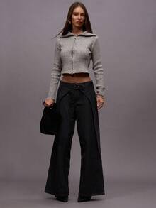 MUSERA 修身翻领拉链针织套头衫，适合冬季夜间外出、街头风、返校季、可爱性感、无领口、晚宴派对等场合，优雅百搭。 - 淺灰色 - 查看 5