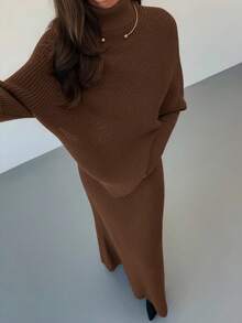 Aloruh Bộ 2 món áo len dệt kim màu tím dày dặn mùa đông mới cho nữ, áo len dáng rộng, váy liền thân - màu nâu - Xem 5