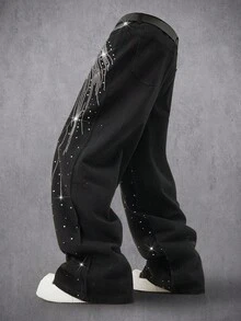 Manfinity Denimwave Fashionable Rhinestone Embellished Denim Wide Leg Pants, Unisex Streetwear Baggy Rhinestone Black Vacation Party Diamond Starlight Denim For Y2K - Black - View 4