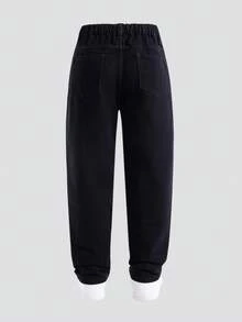 SHEIN 青少年男孩做旧个性简约百搭全马破洞时尚街头趣味防风舒适直筒牛仔裤秋冬 - 黑色 - 查看 2