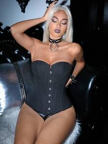 AltCore Fashionable Striped Front Button Criss-Cross Back Tie Bandeau Shapewear Top