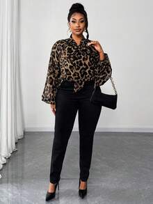 Maweii Plus Size Women Elegant Leopard Print Chiffon Fabric Front Tie Bow Collar Puff Sleeve Blouse, Fashion Design For Party, Night Date, New Autumn Long Sleeve Shirt