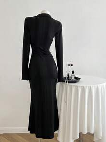 Elamini Black Vertical Striped V-Neck Bodycon Casual Dress For Women - Black - View 2