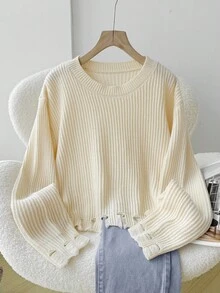 SHEIN 少女白色针织落肩长袖毛衣，休闲简约，冬季 - 米色 - 查看 2