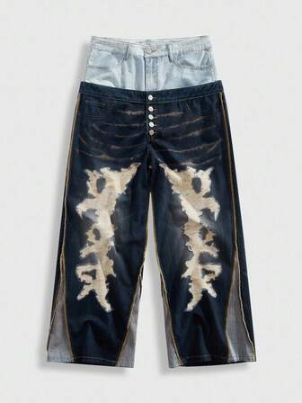Street Life Men's Fashionable Denim Jeans With All-Over Print And Double-Layer Waistband