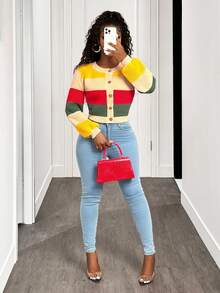 SHEIN BamGlam Women's Fashion Casual Colorblock Short Knit Sweater - Apricot - View 5