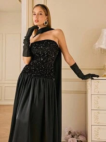 GENKIRA Black Sequin Patchwork Satin Waist Flared Dress With Detachable Scarf Collar, Versatile Sleeveless Party Evening Gown - Black - View 4