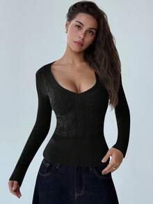 Aloruh Áo len dệt kim cáp cổ chữ V sâu tay dài thời trang mới, áo len đa năng cho phụ nữ trẻ vào mùa thu/đông - màu đen - Xem 7