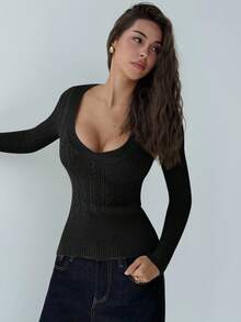 Aloruh Áo len dệt kim cáp cổ chữ V sâu tay dài thời trang mới, áo len đa năng cho phụ nữ trẻ vào mùa thu/đông - màu đen - Xem 5