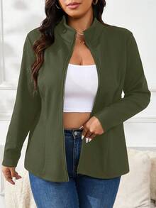 Elenzga Giacca casual in pile con chiusura lampo e maniche lunghe, tinta unita, per donne taglie forti, autunno/inverno - Verde militare - Visualizzare 5