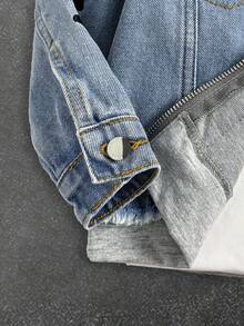 SHEIN 男童复古街头风十字刺绣拼接蓝色牛仔针织连帽夹克，秋冬款，适合日常穿着、街头风、万圣节、圣诞节等场合，保暖百搭。 - 淺色水洗藍 - 查看 7