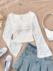 Girlism 少女褶皱甜心领喇叭袖 T 恤，适合秋冬季、返校、外出 - 杏色 - 查看 6